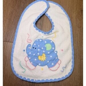 Vintage Baby Bib Blue Elephant Polka‎ Dot Terry Cloth Retro Nursery Babycore